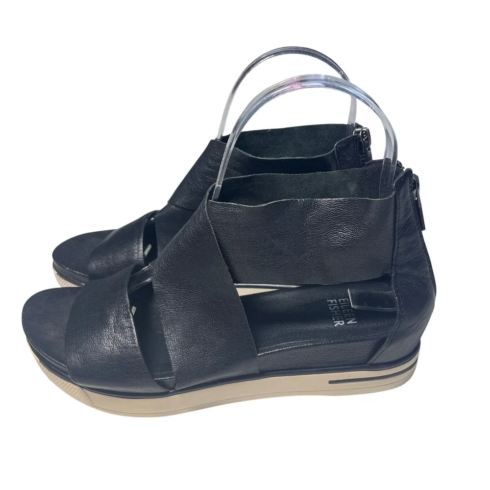 Eileen Fisher Sandals Women 6 Black Leather Platform Wedge Zip Back Gladiator